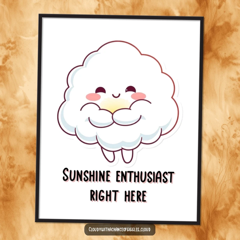 Funny Cloud Sunbeam Hug Poster: A cheerful cloud character hugging a tiny, glowing sunbeam, creating a warm and happy atmosphere.