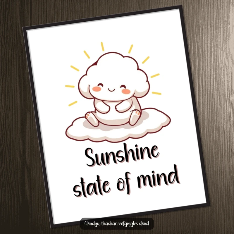 Funny poster print of a contented cloud animal character stretching leisurely on a bright sunbeam, adding cheerful decor.