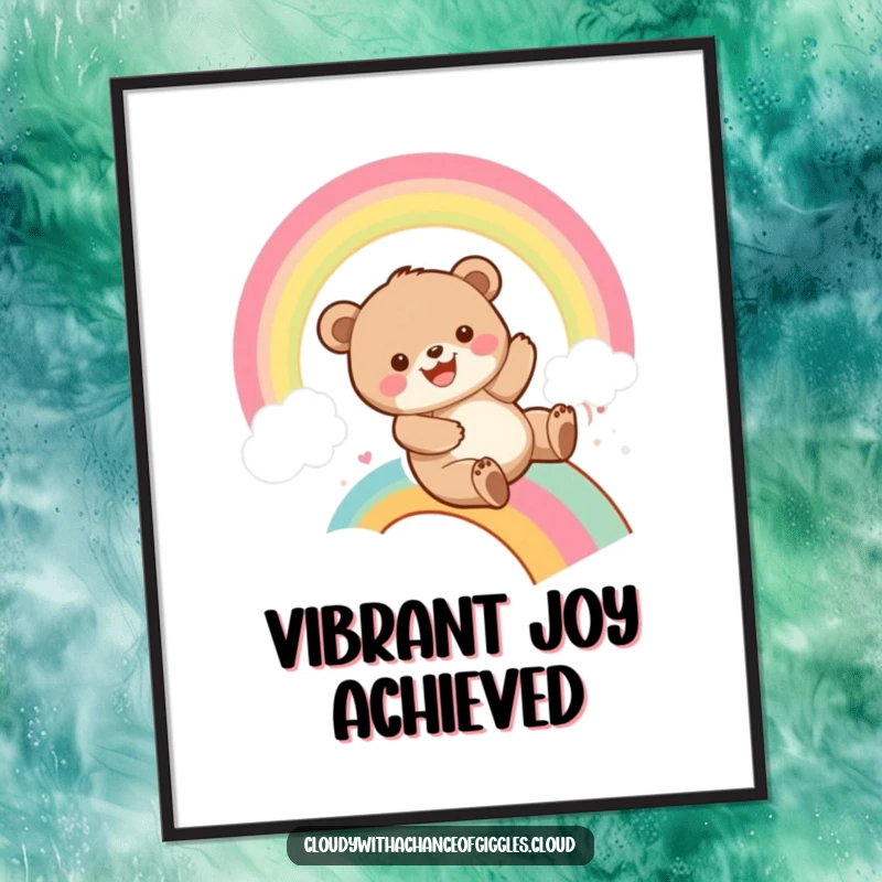 Funny bear cub sliding down a vivid rainbow with a wide smile, depicted as whimsical wall art, adding playful humor to any space.