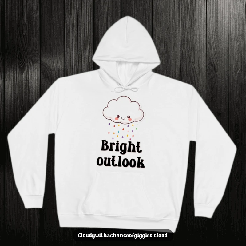 Funny cloud hoodie, a small fluffy cloud with a smiling face, raining a cascade of colorful raindrops.