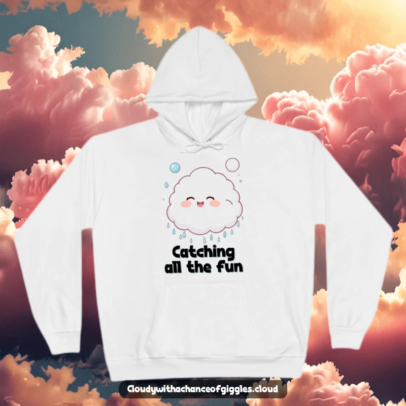 Funny, fluffy cloud child giggling and bouncing a soft, puffy raindrop like a ball on a cozy hoodie.