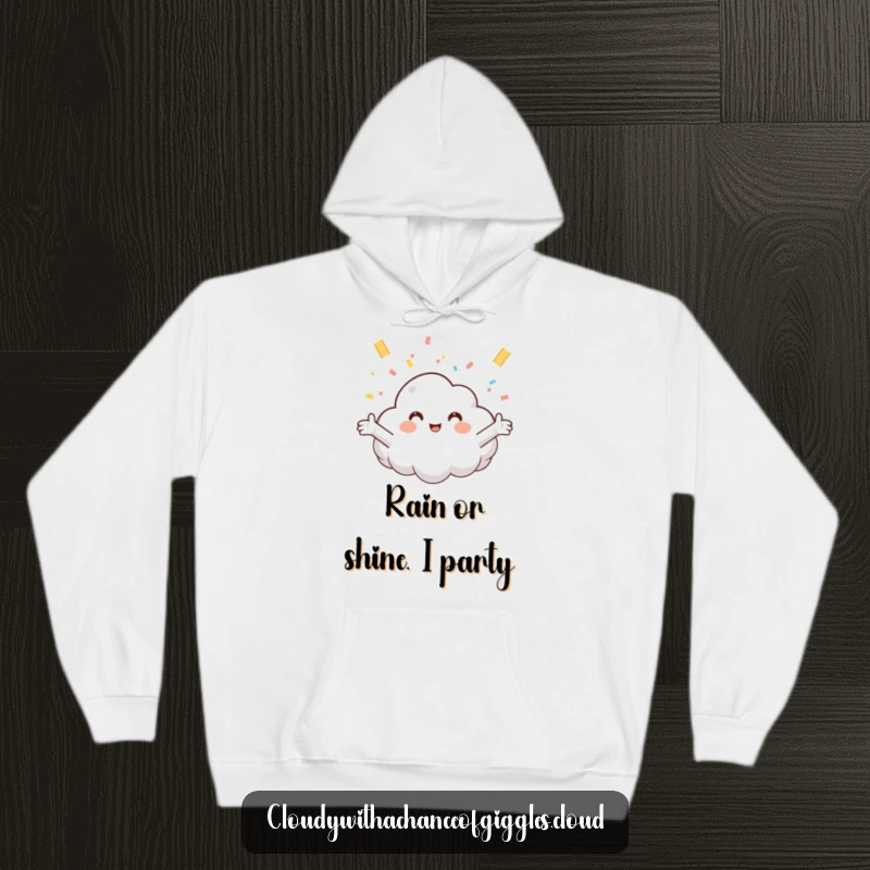 Funny hoodie showcasing a smiling cloud catching confetti, providing warmth and a dose of lighthearted joy for the wearer.