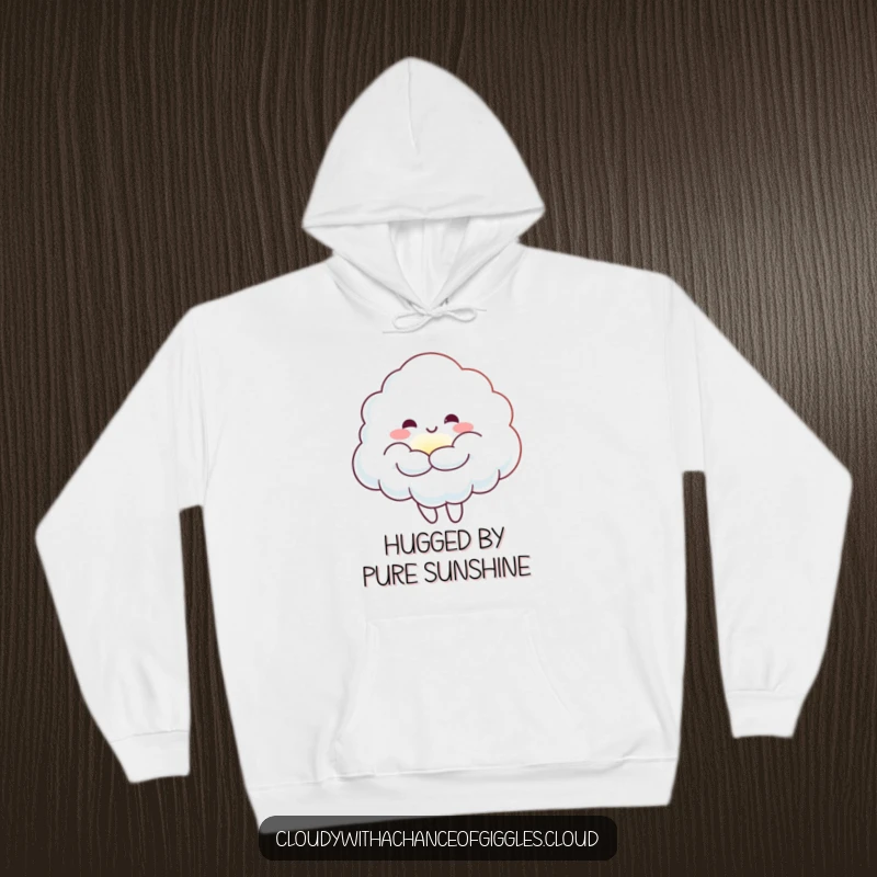 Funny Cloud Sunbeam Hug Hoodie: A cheerful cloud character giving a warm hug to a tiny sunbeam, designed for ultimate coziness.
