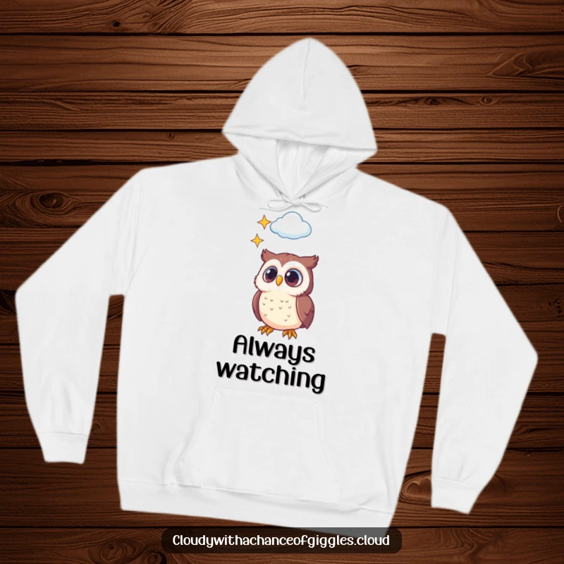 Funny hoodie showcasing a little owl with huge, innocent eyes looking up at a cloud brimming with twinkling stars, a symbol of dreams.