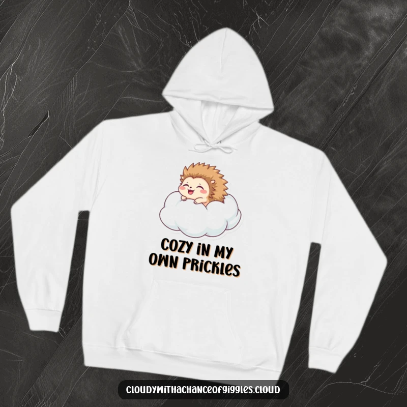 Funny hedgehog hoodie designed with a happy hedgehog rolling down a cloud, offering warmth and adorable, humorous appeal.