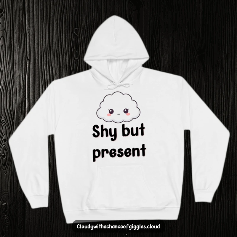 Funny cloud hoodie, a small shy cloud with big questioning eyes peeking from behind a larger cloud.
