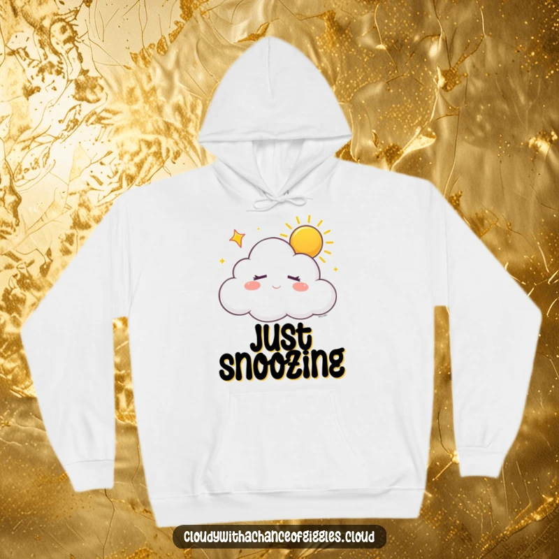 Funny sleepy white cloud with closed eyes, dreaming of sunshine with a happy sigh, on a hoodie, for cozy and dreamy wear.