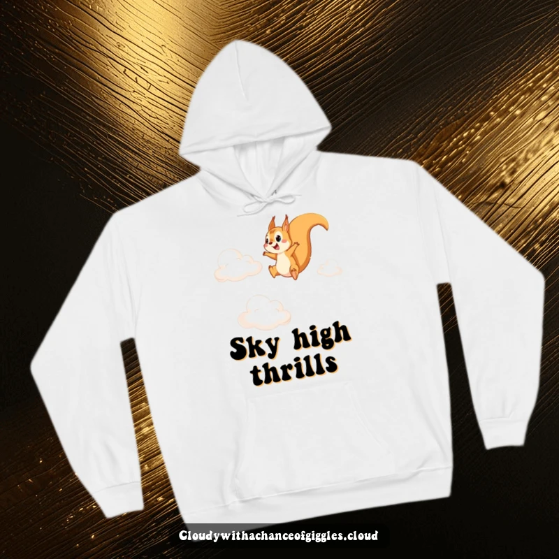 Funny hoodie showcasing a determined squirrel agilely jumping between fluffy cirrus clouds, embodying adventurous spirit and humor.