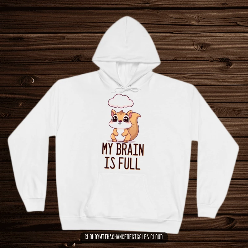 Funny squirrel hoodie, featuring a wide-eyed squirrel looking up at a curious cloud, perfect for cozy, humorous moments.