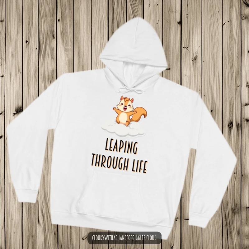 Funny squirrel hoodie designed with a silly squirrel leaping from a cloud, offering warmth and a dose of whimsical humor.