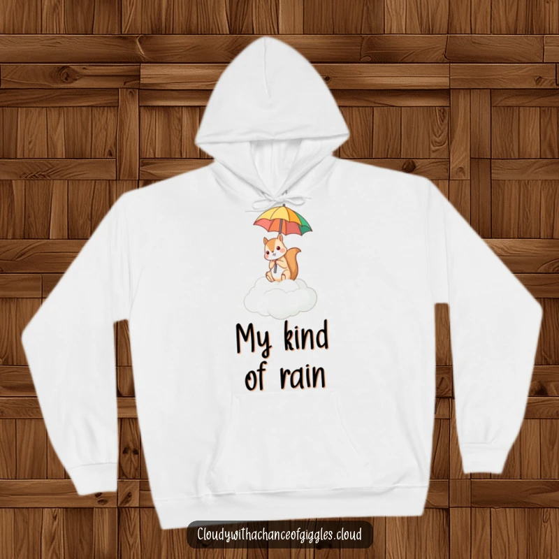 Funny hoodie design with a squirrel on a cloud, comically holding an umbrella in an upside-down position.