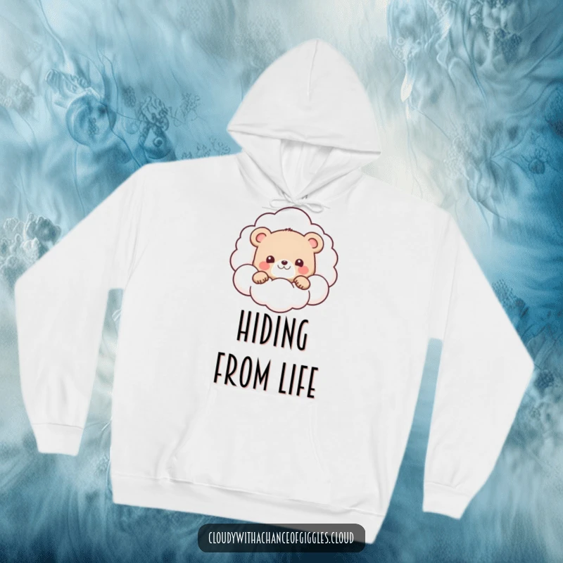 Funny hoodie design showcasing a small, adorable bear cub peeking out from behind a large, cheerful, smiling cloud.