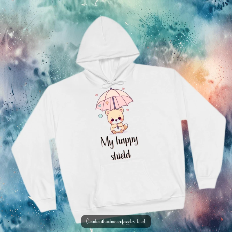 Funny hoodie showcasing an animal holding an umbrella made of uplifting thoughts, offering cozy and cheerful protection.