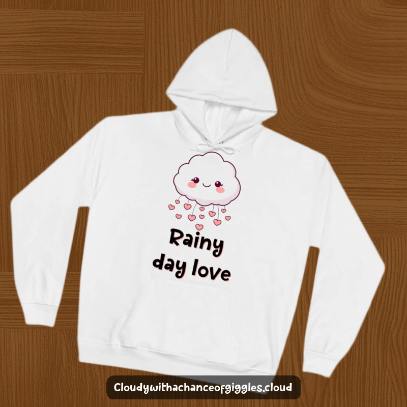 Funny hoodie featuring a contented, smiling cloud character overhead, raining down a shower of small, loving hearts.