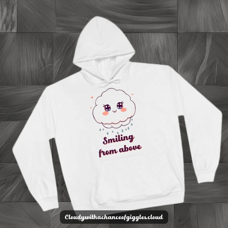 Funny Hoodie featuring a fluffy kawaii cloud character with big eyes, playfully showering gentle smiles.