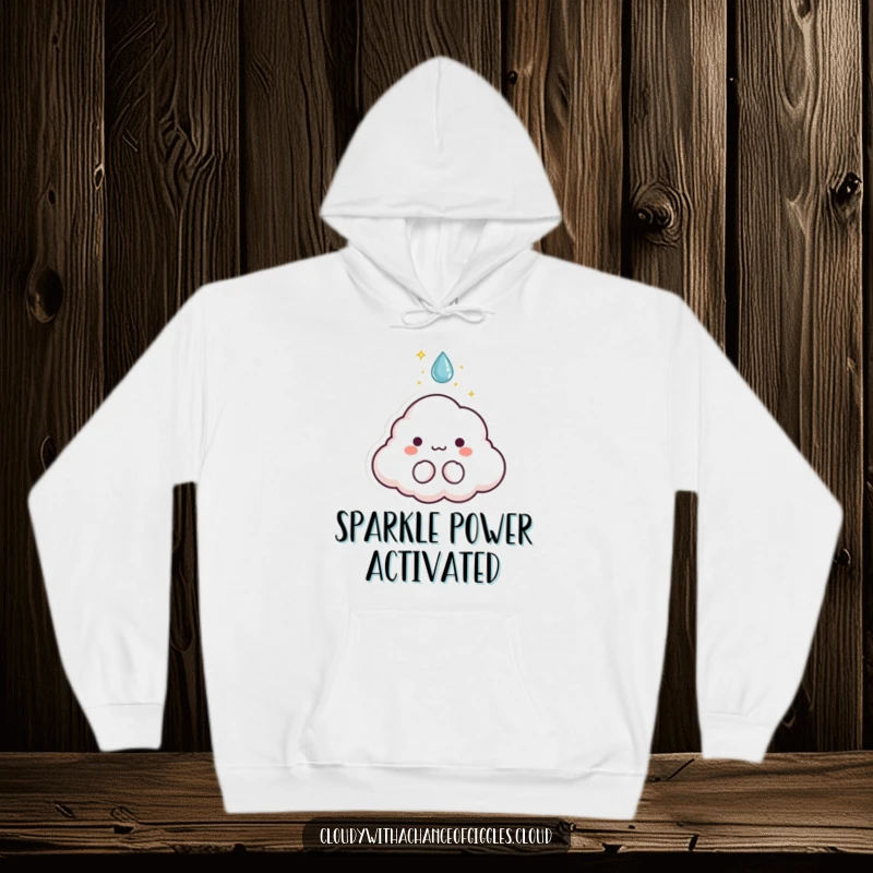 Funny hoodie depicting a tiny cloud animal character with sparkles bursting from a raindrop, offering magical comfort.
