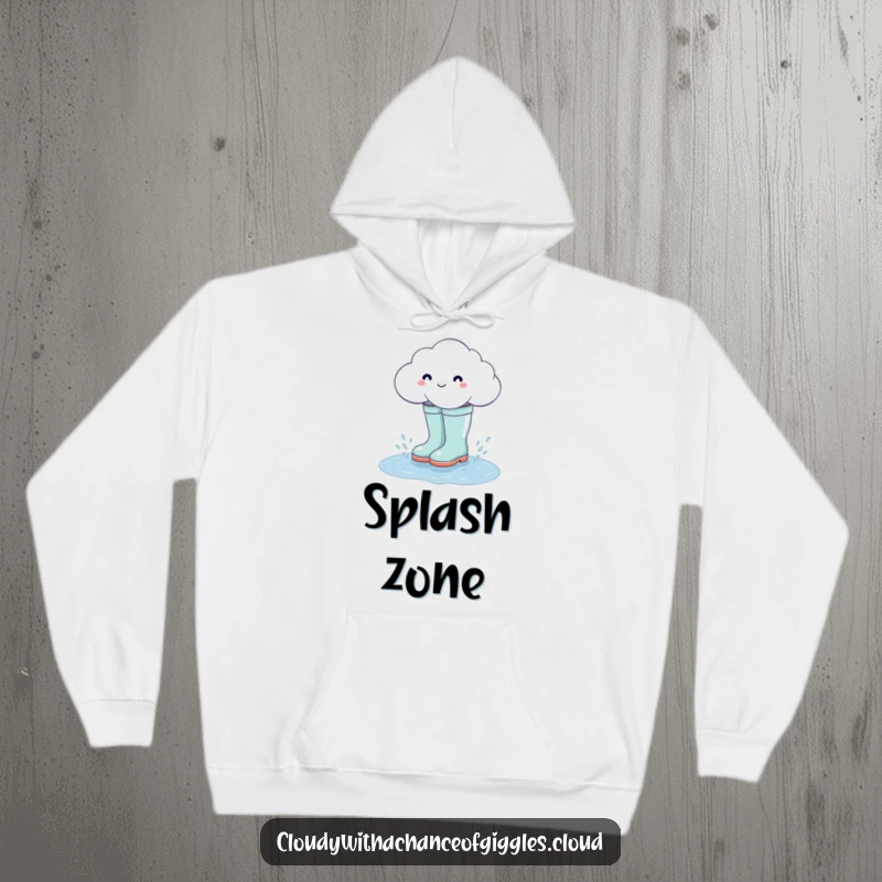 Funny cloud wearing giant rain boots, splashing happily in a puddle, makes a cozy hoodie.