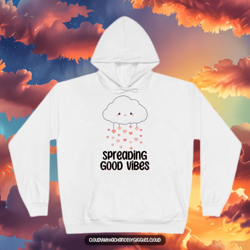 Funny hoodie with a fluffy white cloud raining hearts, bringing cozy vibes and spreading love, a great funny gift.
