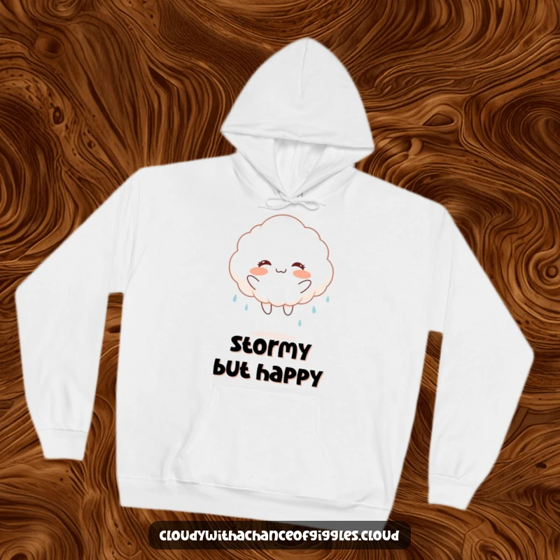 Funny fluffy white cloud with rosy cheeks, jumping joyfully and raining, on a hoodie, for cozy and cheerful vibes.