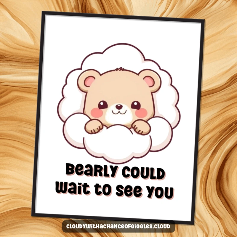 Funny Free Printable Wall Art: A darling bear cub peeking from behind a large, cheerful, smiling cloud, radiating warmth.