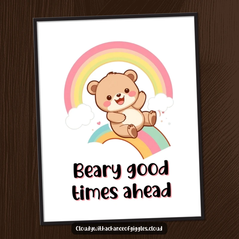 Funny Free Printable Wall Art: A bear cub slides down a brightly colored rainbow with a huge, infectious grin, radiating pure happiness.