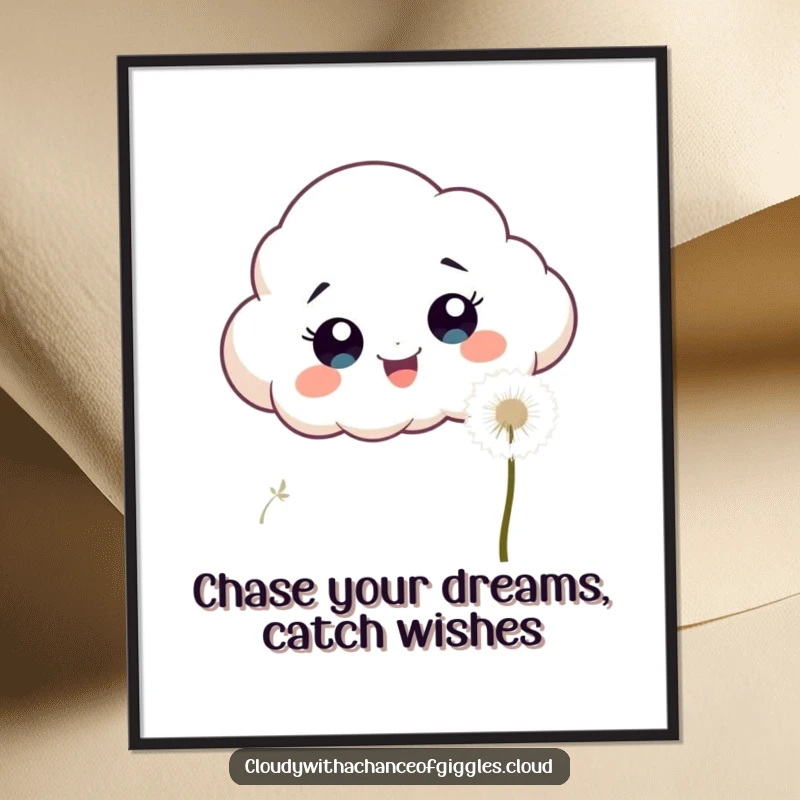 Funny Free Printable Wall Art: An excited cloud with wide eyes actively chasing a fluffy white dandelion seed.
