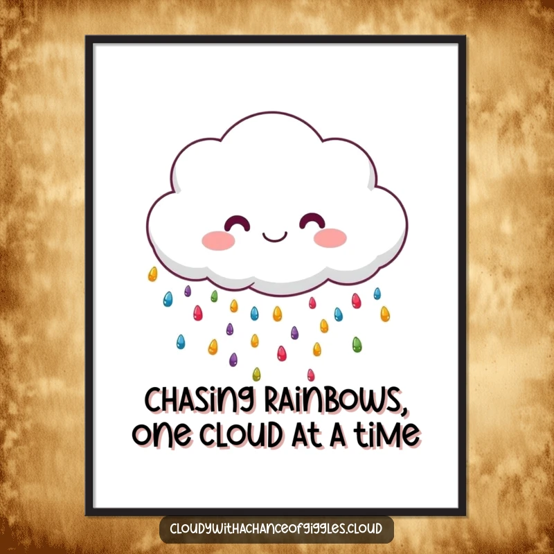 Funny Free Printable Wall Art: Fluffy cloud character happily raining colorful tiny raindrops, whimsical, downloadable decor.