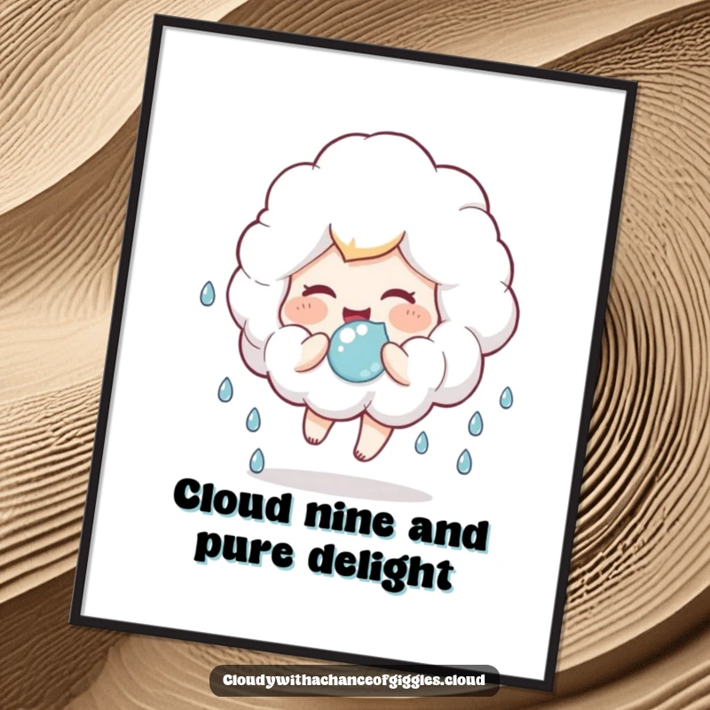Funny Free Printable Wall Art: A fluffy cloud child giggles joyfully while bouncing a soft raindrop like a ball.
