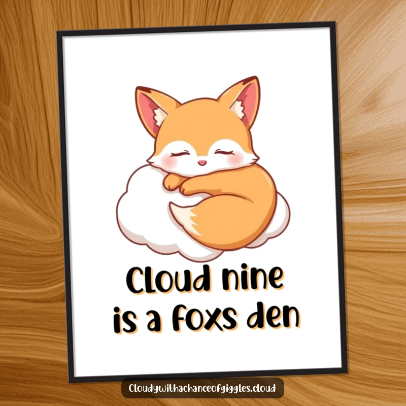 Funny Free Printable Wall Art depicting a sleepy fox curled up smiling on a cloud, creating a humorous and serene piece of decor.