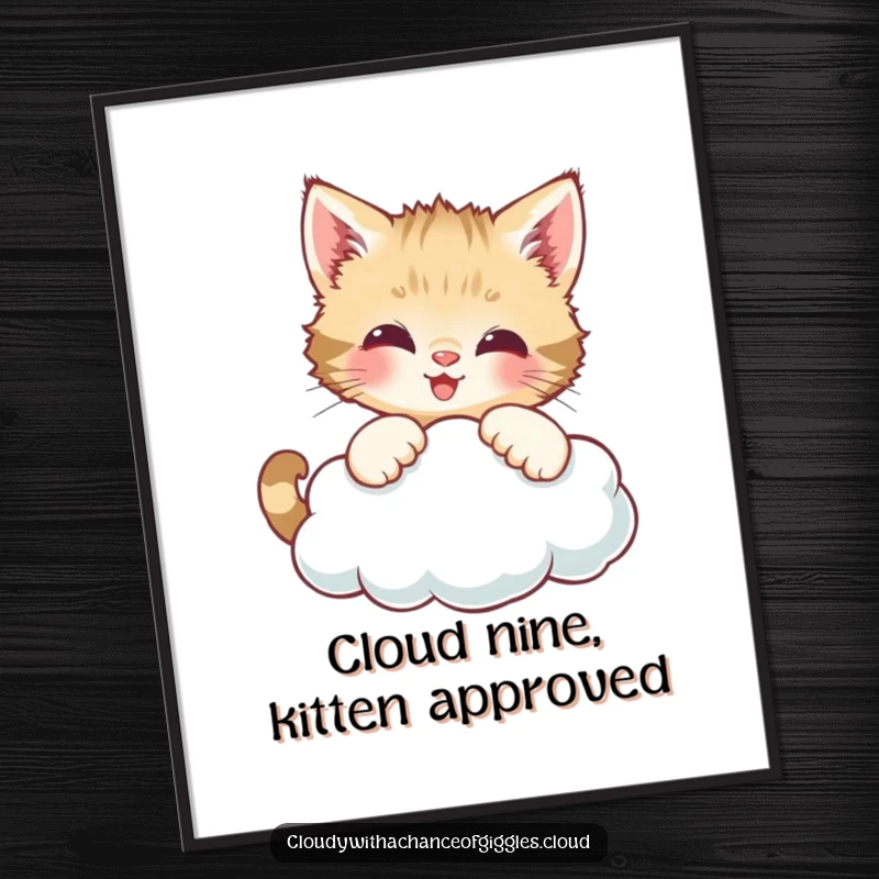 Funny Free Printable Wall Art: A curious kitten playfully batting at a cheerful smiling cloud, downloadable art full of innocent fun.