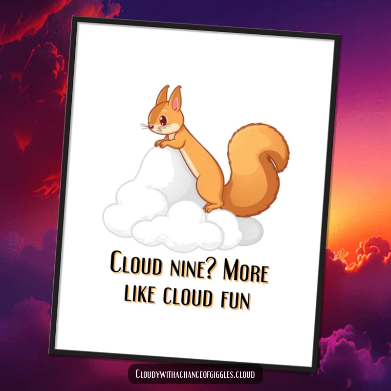Funny Free Printable Wall Art: A determined squirrel scrambles up a soft, cloud-like mountain, embarking on a whimsical quest.