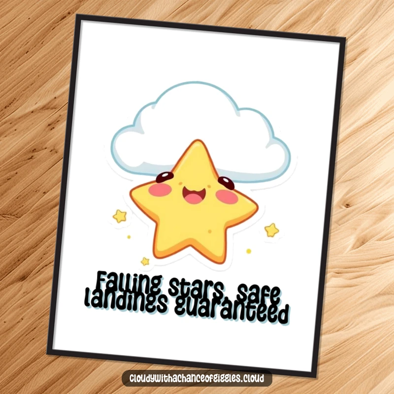 Funny Free Printable Wall Art: A happy star character joyfully falling from a cloud, landing safely with a content expression.