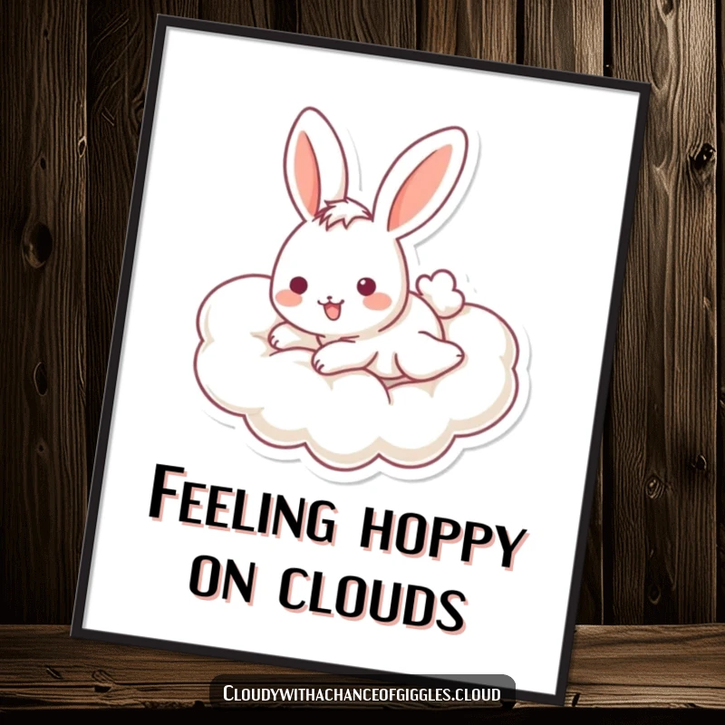 Funny Free Printable Wall Art of a playful bunny with a cheerful expression sliding down a fluffy cloud.