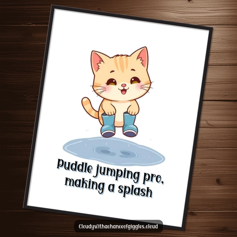 Funny Free Printable Wall Art: Smiling cat wearing tiny rain boots jumping over a puddle, playful, downloadable decor.