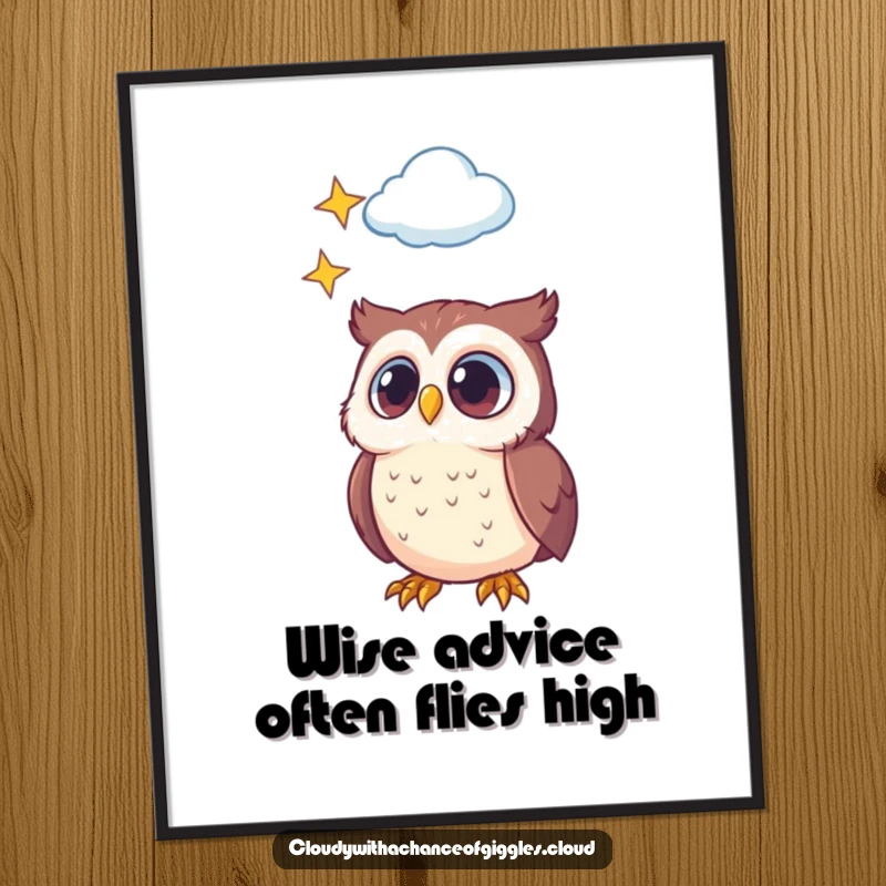 Funny Free Printable Wall Art: An adorable owl with curious eyes looks up at a magical cloud filled with stars.