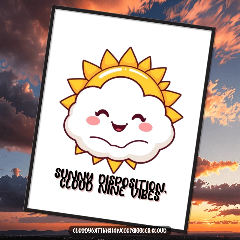 Funny Free Printable Wall Art: A smiling sun peeks out from behind a fluffy, happy cloud, radiating cheerful energy.