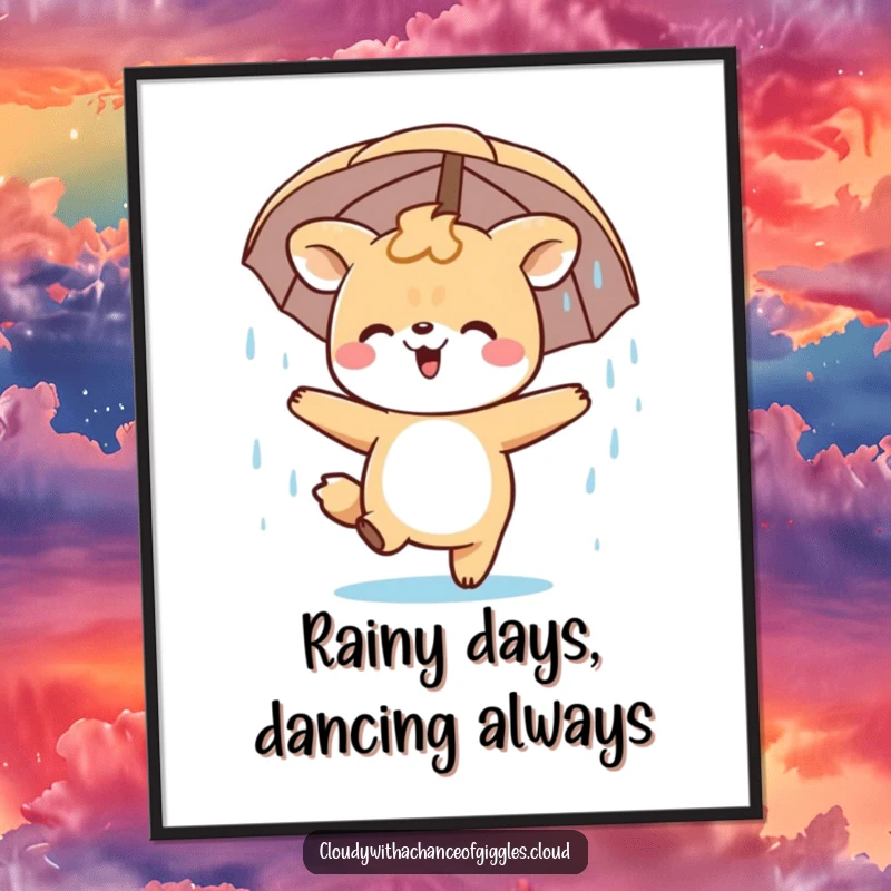 Funny Free Printable Wall Art: Happy animal character joyfully dancing in a gentle rain shower, whimsical and cheerful downloadable art.