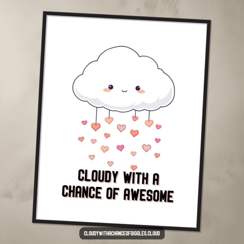Funny Free Printable Wall Art: A fluffy cloud happily rains down tiny, vibrant hearts onto a soft background.