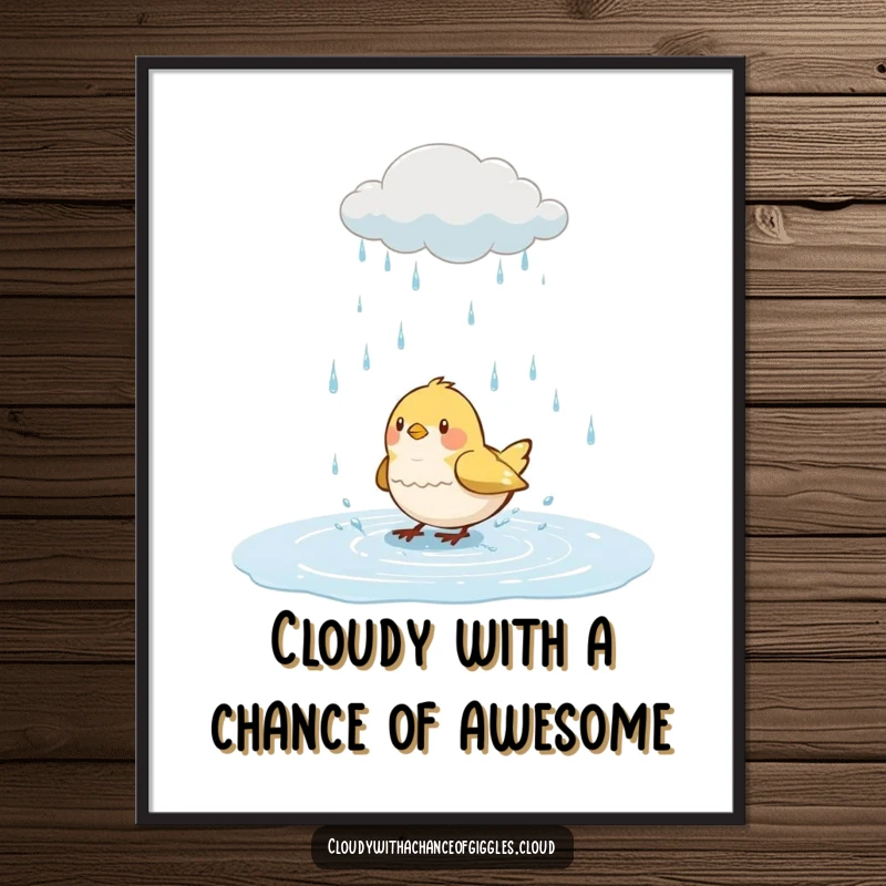 Funny Free Printable Wall Art: A comical bird joyfully splashing in a puddle formed by a rain cloud, whimsical design.