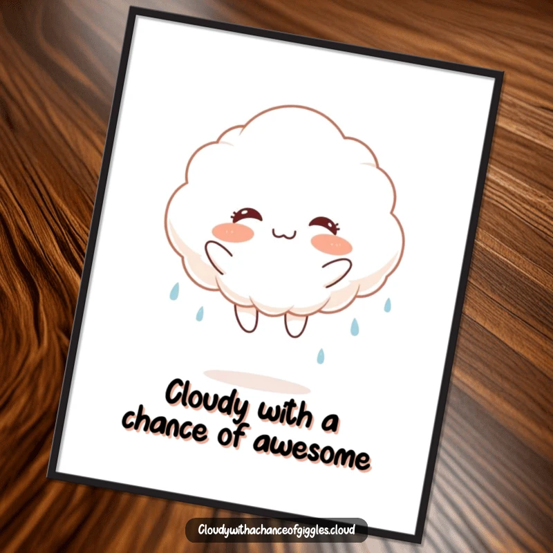 Funny Free Printable Wall Art: A fluffy white cloud with rosy cheeks joyfully jumps, letting streaks of rain fall.