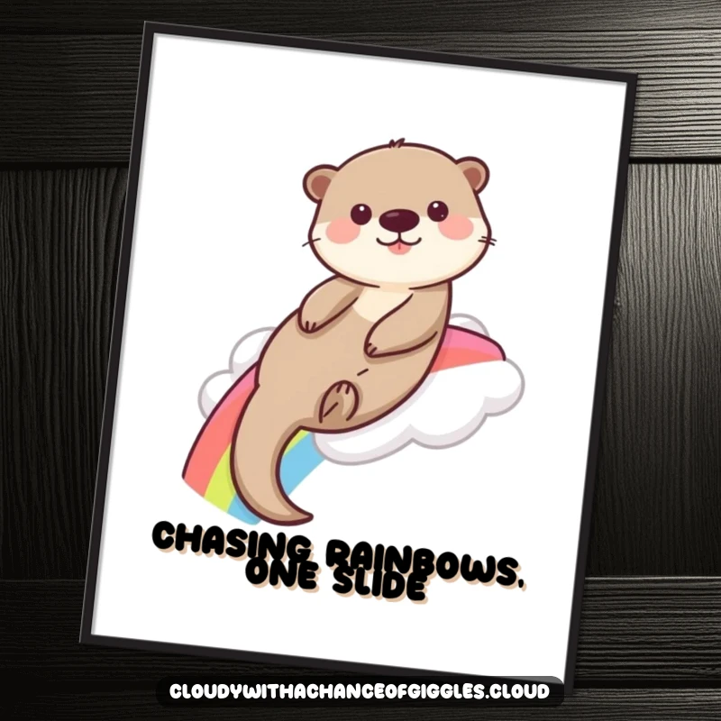 Funny Free Printable Wall Art: A playful otter is captured mid-slide down a brilliant rainbow, descending from a soft, fluffy cloud.