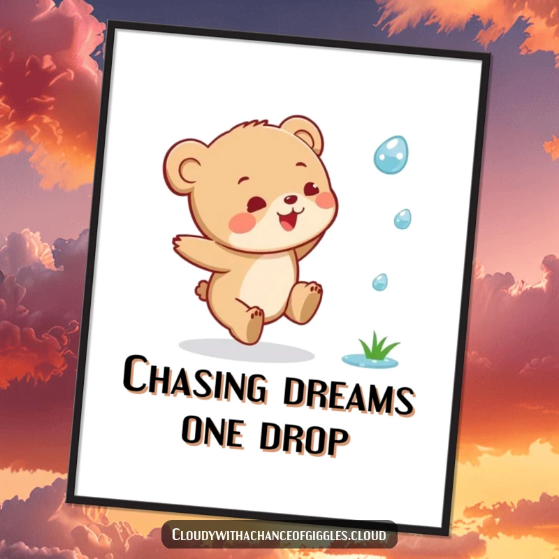 Funny Free Printable Wall Art: A tiny bear cub leaping with pure joy to catch a single raindrop, full of wonder.