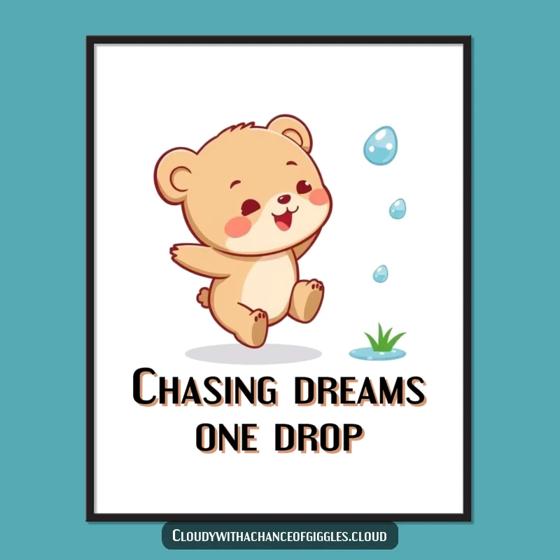 Funny Free Printable Wall Art: Bear Cub Chasing Raindrops! Whimsical Downloadable Decor.