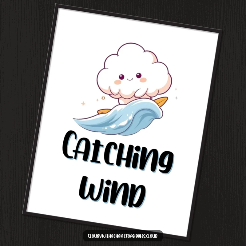 Funny Free Printable Wall Art: A cloud animal happily surfing a gentle wave of wind, creating a peaceful and whimsical scene.