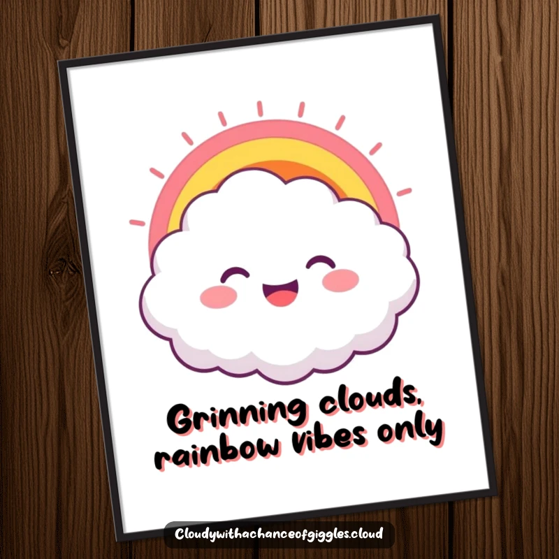Funny Free Printable Wall Art: A fluffy cloud character with a wide, joyful grin, a vibrant rainbow bursting from its mouth.