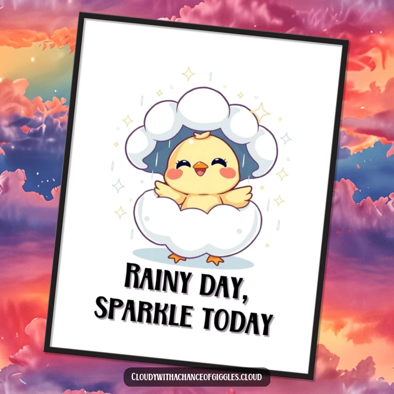 Funny Free Printable Wall Art: A happy, giggling chick breaking out of a sparkly, rain-cloud, full of playful energy.