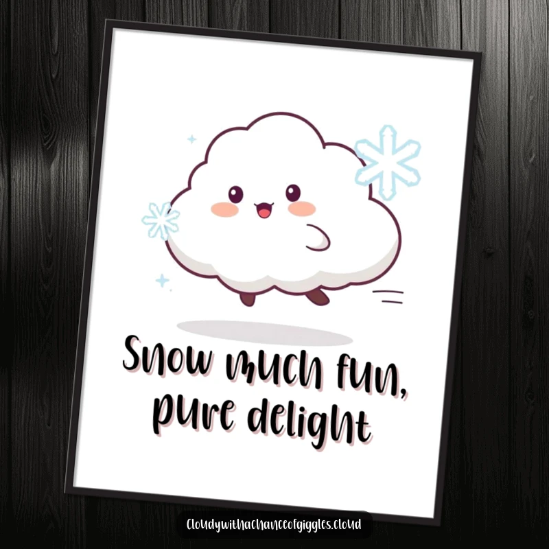 Funny Free Printable Wall Art: Energetic cloud animal character excitedly chases a single dancing snowflake with delight.