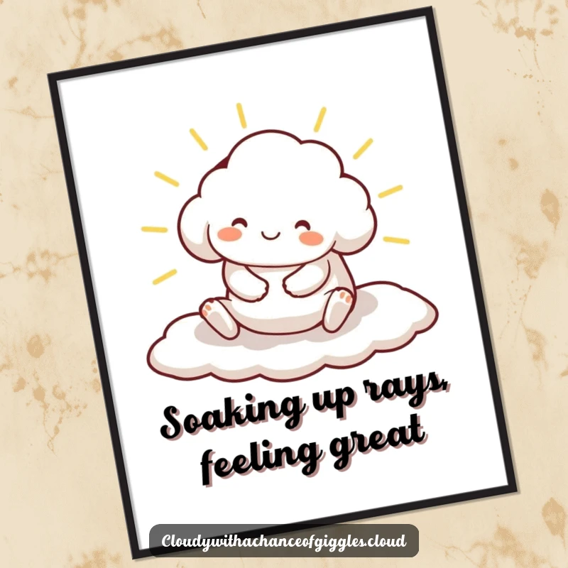 Funny Free Printable Wall Art: Amusing cloud animal character joyfully stretching on a bright sunbeam, radiating happiness.