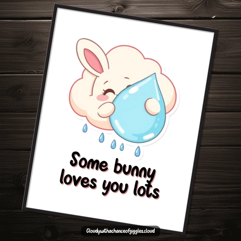 Funny Free Printable Wall Art: Cloud shaped like a smiling bunny, holding a large raindrop, whimsical downloadable art.