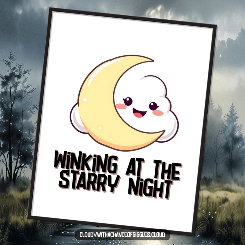 Funny Free Printable Wall Art: A cloud with a mischievous grin peeking from behind a crescent moon, whimsical wall decor.